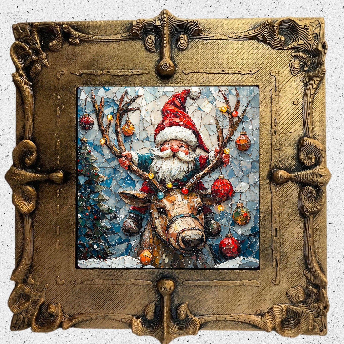 Christmas Gnome on Reindeer Tiny Art Fridge Magnet Gold Framed Fridgescaping Art Picture Gallery Tiny Art Gift for Her Wife Mom