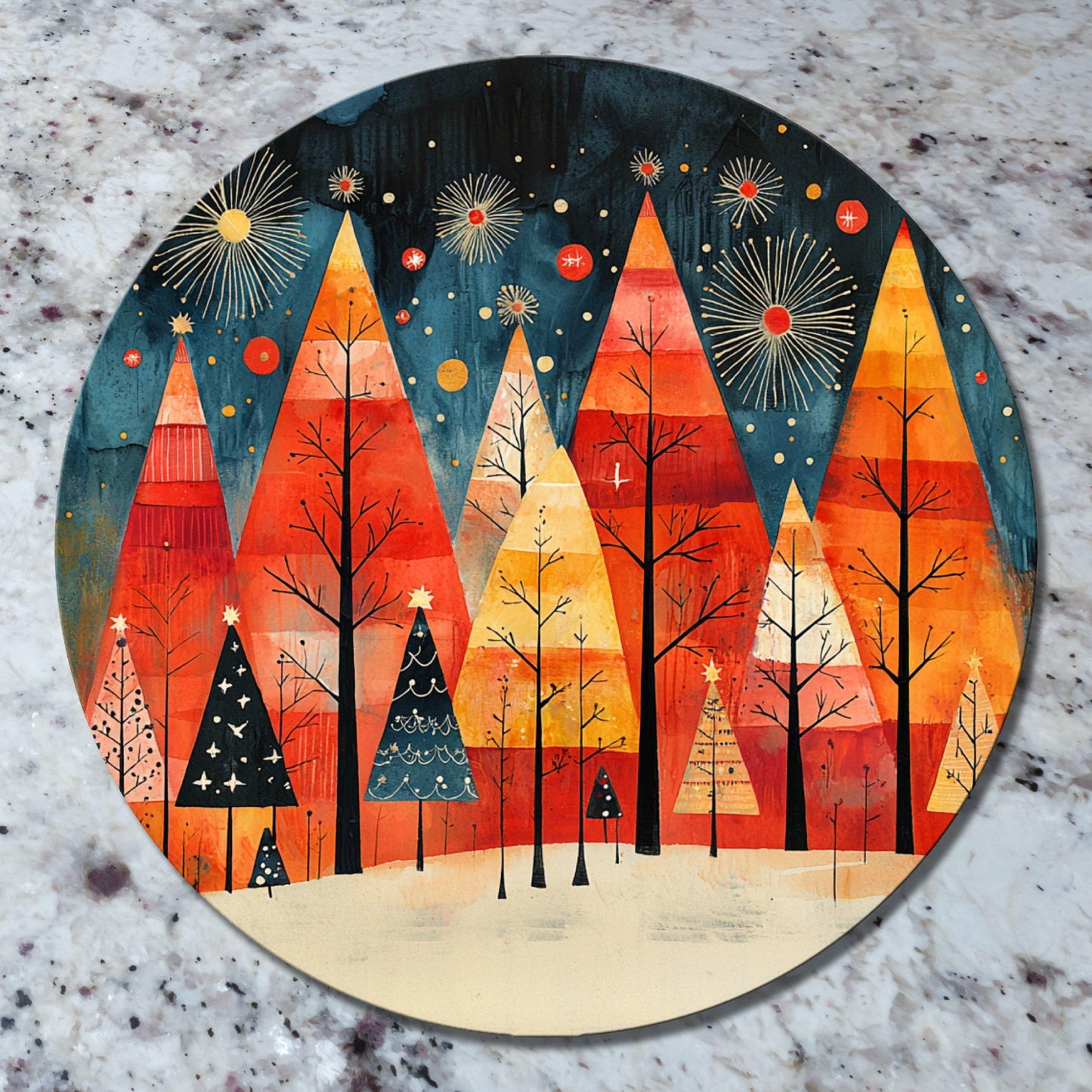 Scandinavian Christmas Trees Glass Cutting Board 8-inch Round Trivet Charcuterie Board Gift for Her Mom Kitchen Decor