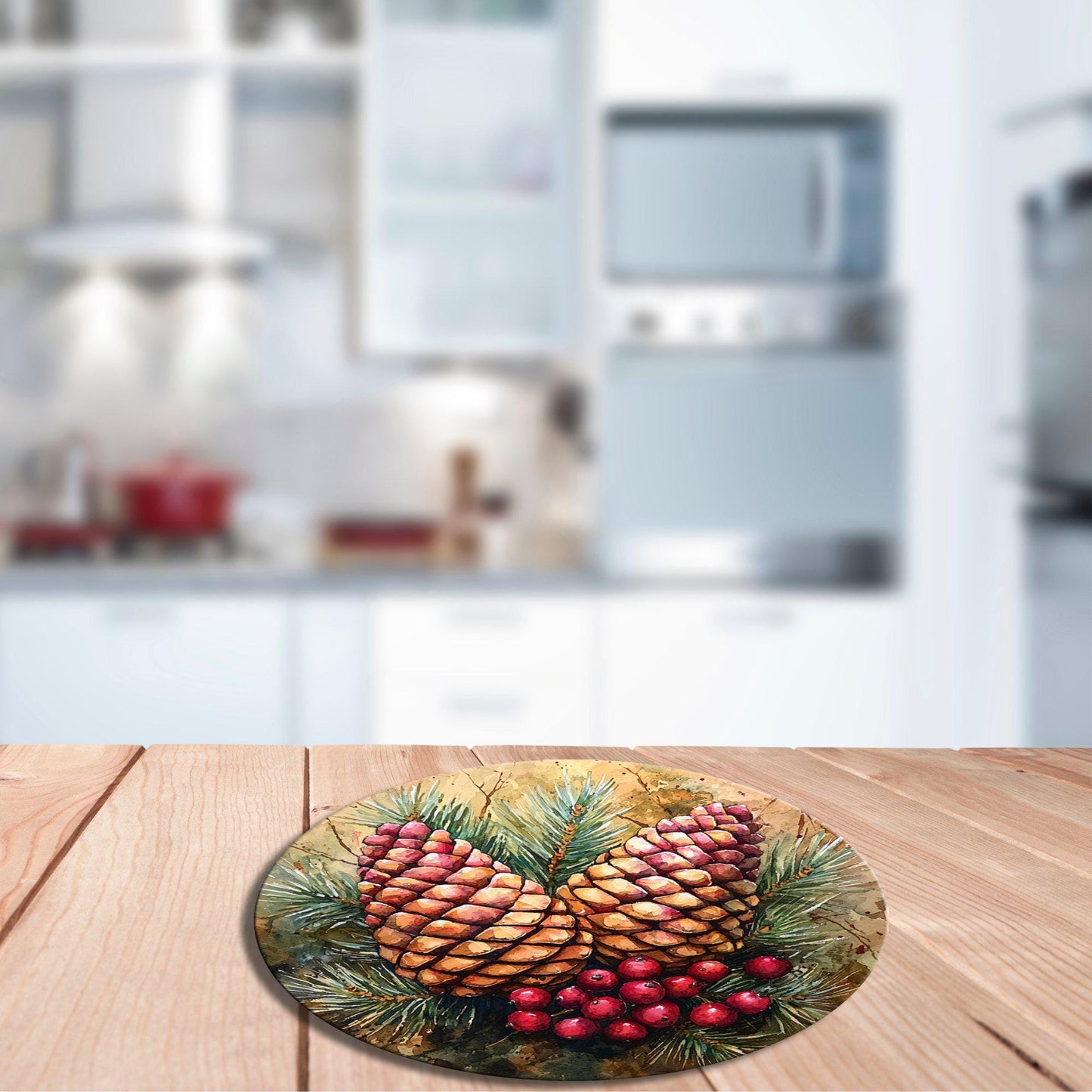 Pinecones and Red Berries Glass Cutting Board 8-inch Round Trivet Charcuterie Board Gift for Her Mom Kitchen Decor