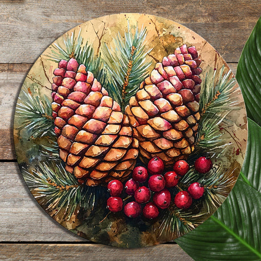 Pinecones and Red Berries Glass Cutting Board 8-inch Round Trivet Charcuterie Board Gift for Her Mom Kitchen Decor