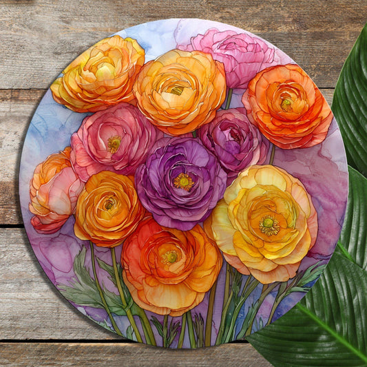 Ranunculus bouquet Glass Cutting Board 8-inch Round Trivet Charcuterie Board Gift for Her Mom Kitchen Decor