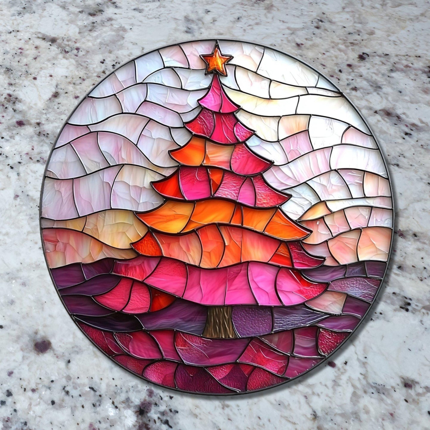 Pink Orange Christmas Tree Glass Cutting Board Trivet Hot Plate Charcuterie Board Gift for Her Mom Christmas Housewarming