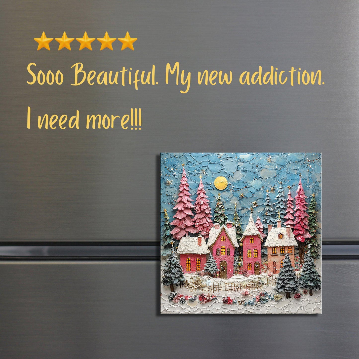 Pink Christmas Village Fridge Magnet 2-inch Strong Refrigerator Magnet Kitchen Decor Dopamine Ceramic Tile Art Gift for Her fridgescaping