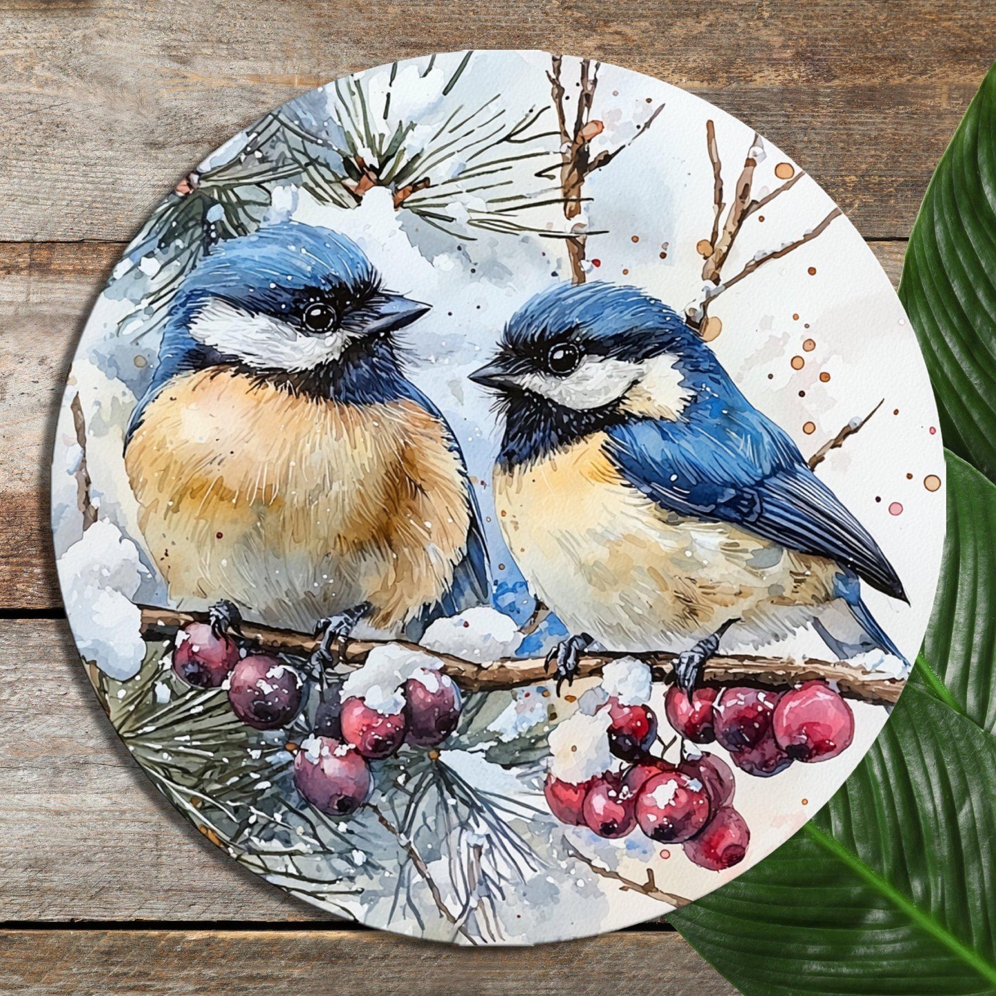 Bluebirds in Winter Glass Cutting Board 8-inch Round Trivet Charcuterie Board Gift for Her Mom Kitchen Decor