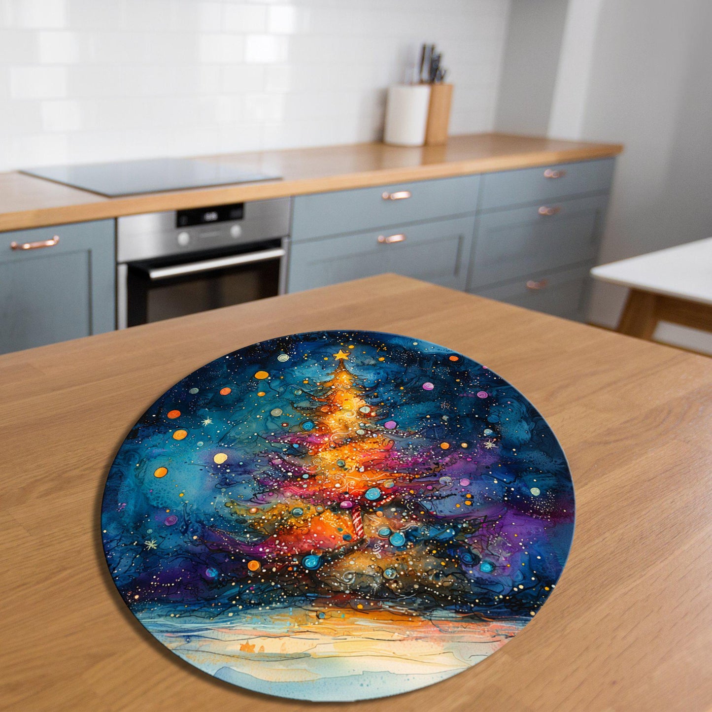 Christmas Tree in Alcohol Ink Glass Cutting Board 8-inch Round Trivet Charcuterie Board Gift for Her Mom Kitchen Decor