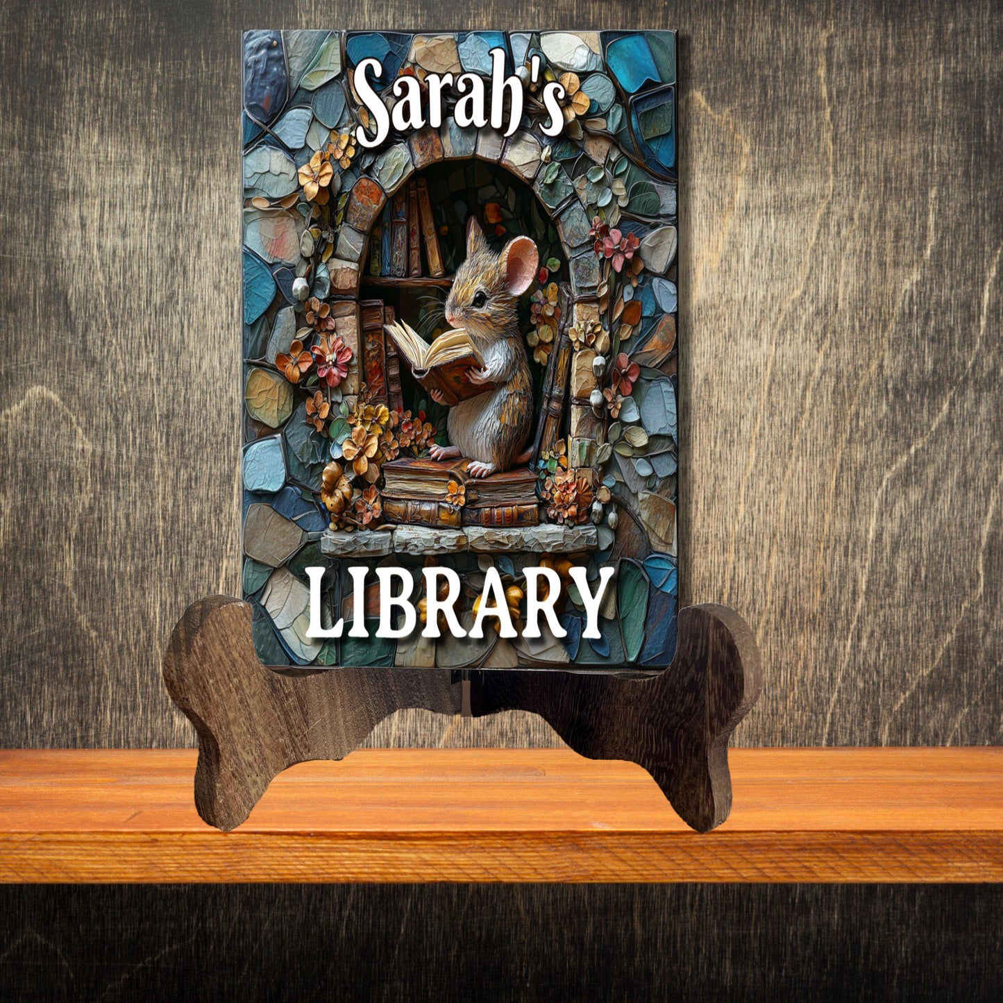 Mouse Reading Personalized Library Sign Book Lover Bookworm Biblio Gift Book Nook Shelf Decor Booktoker-Gift for Bookish