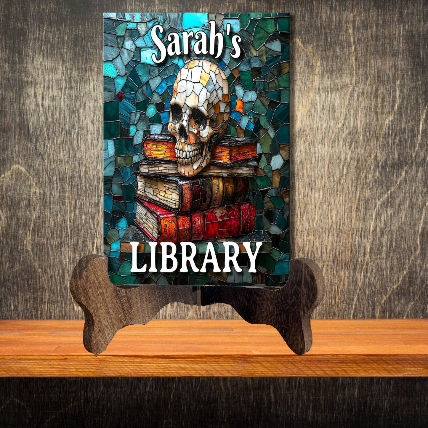 Skull Stack of Books Personalized Library Sign Customized Bookshelf Sign with Stand Book Lover Gift for Her Bestie