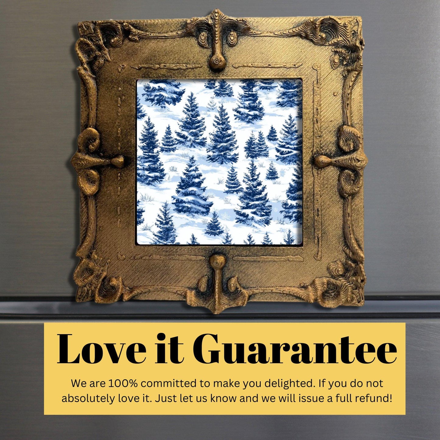 Blue Toile Snowy Christmas Tiny Art Fridge Magnet Gold Framed Fridgescaping Art Picture Gallery Tiny Art Gift for Her Wife Mom