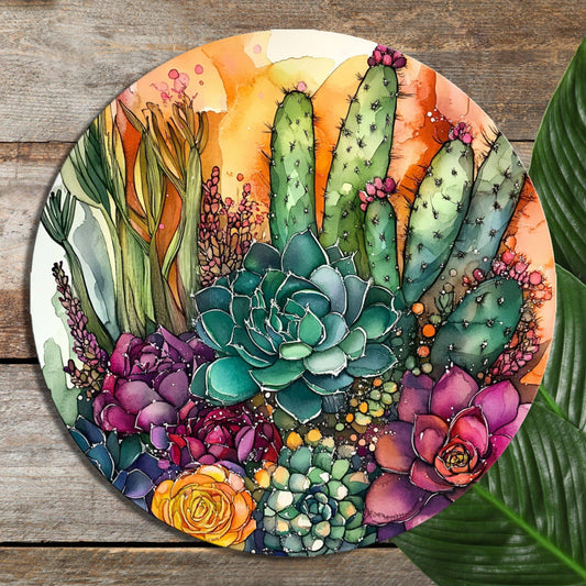 Succulents and Cacti Glass Cutting Board 8-inch Round Trivet Charcuterie Board Gift for Her Mom Kitchen Decor