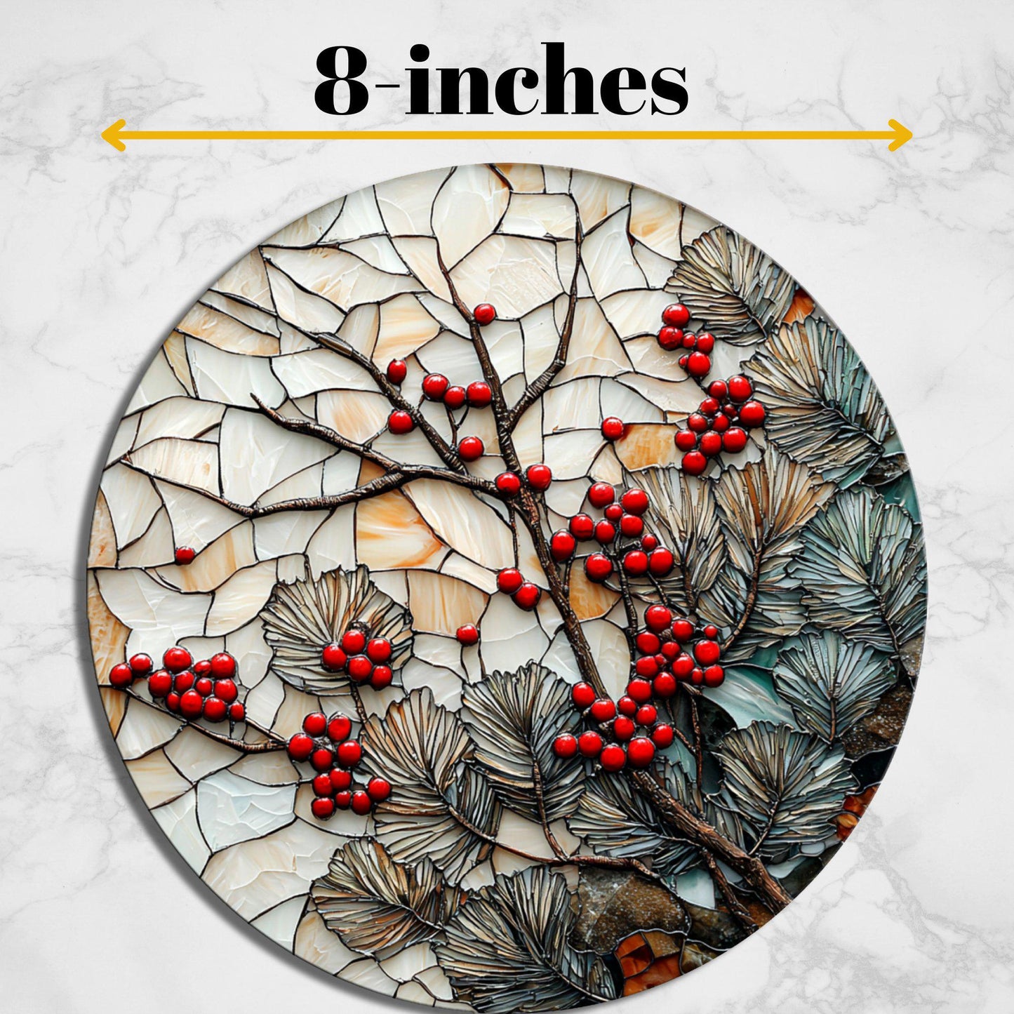 Red Berries in Winter Glass Cutting Board 8-inch Round Trivet Charcuterie Board Gift for Her Mom Kitchen Decor