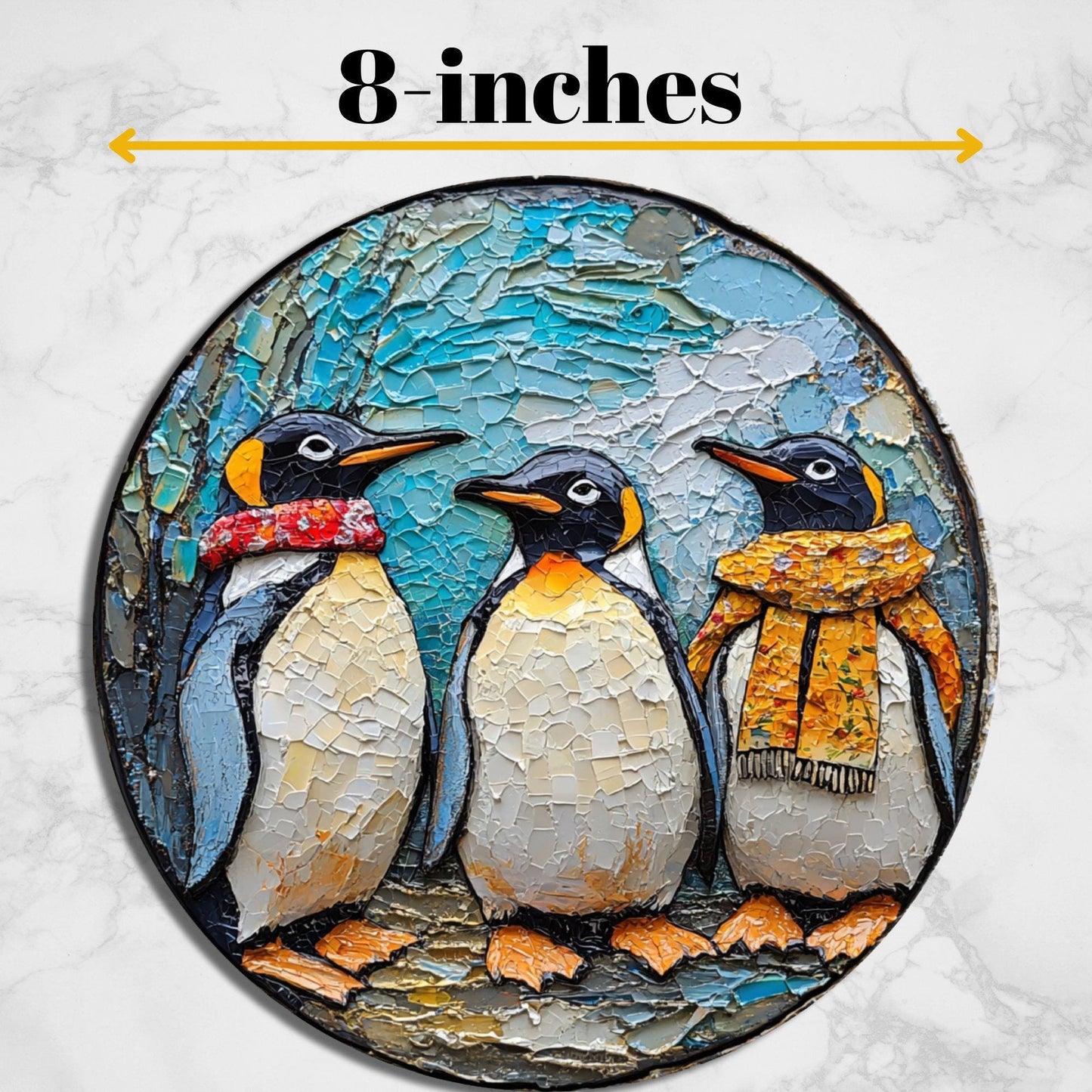 Penguins Ready for Christmas Glass Cutting Board 8-inch Round Trivet Charcuterie Board Gift for Her Mom Kitchen Decor