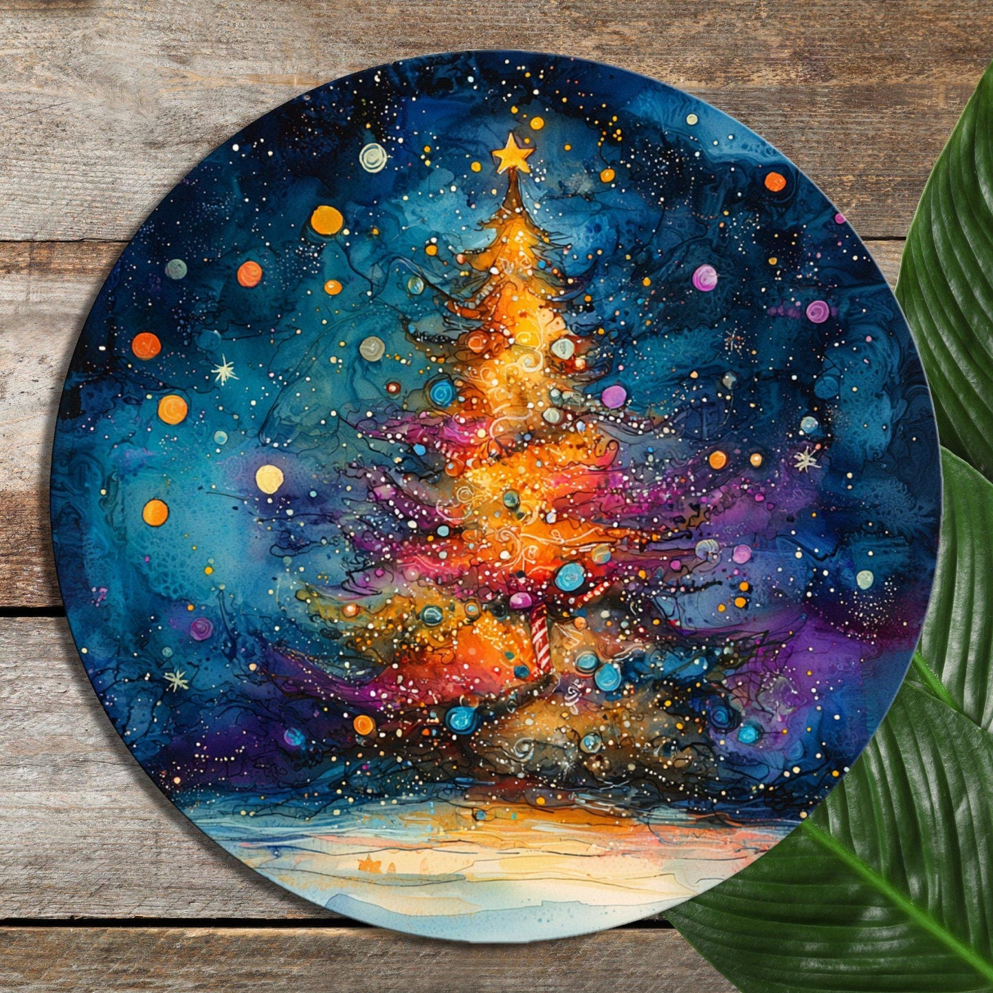 Christmas Tree in Alcohol Ink Glass Cutting Board 8-inch Round Trivet Charcuterie Board Gift for Her Mom Kitchen Decor