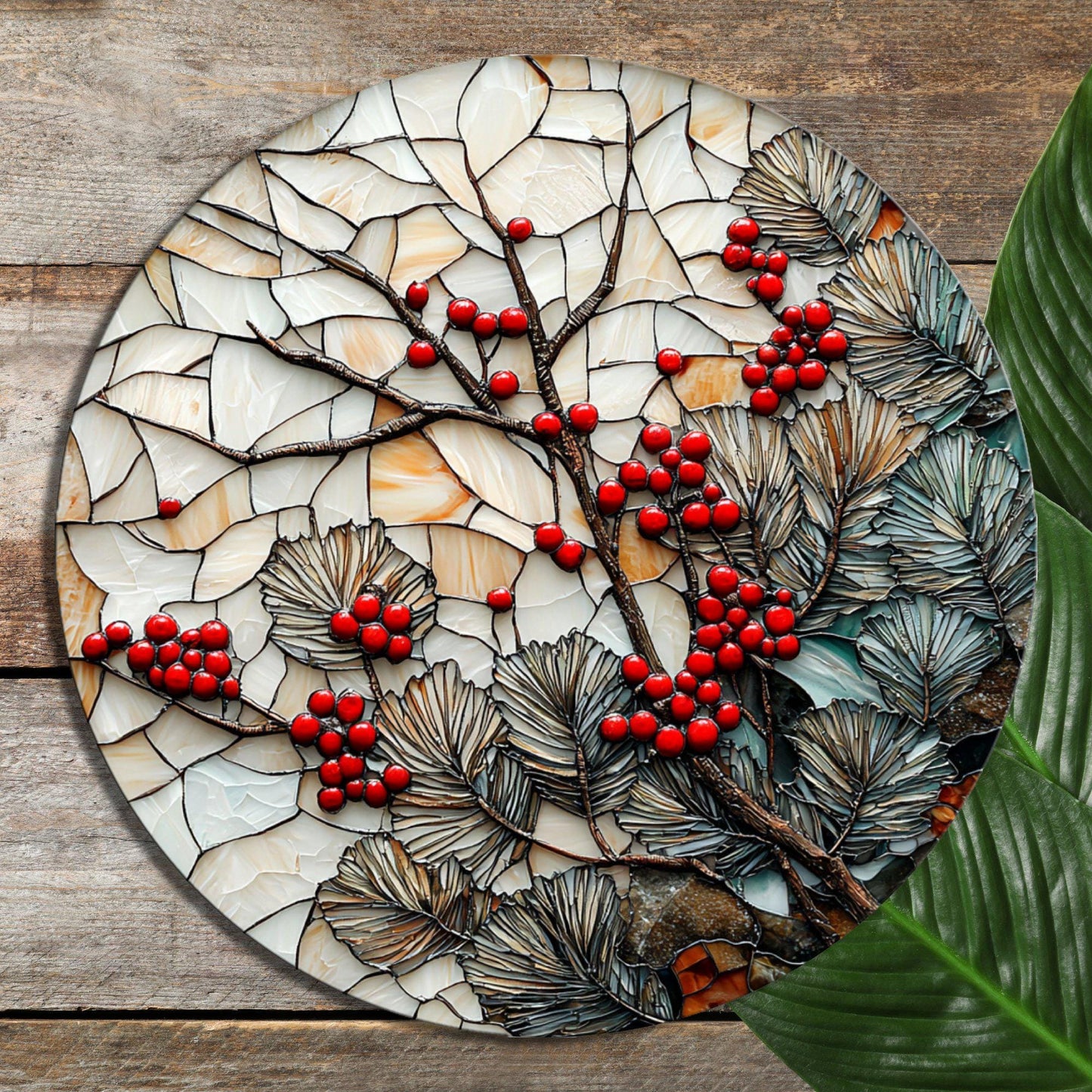 Red Berries in Winter Glass Cutting Board 8-inch Round Trivet Charcuterie Board Gift for Her Mom Kitchen Decor