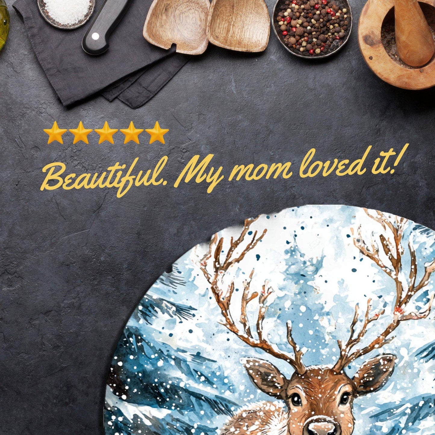 Merry Christmas Reindeer Glass Cutting Board 8-inch Round Trivet Charcuterie Board Gift for Her Mom Kitchen Decor