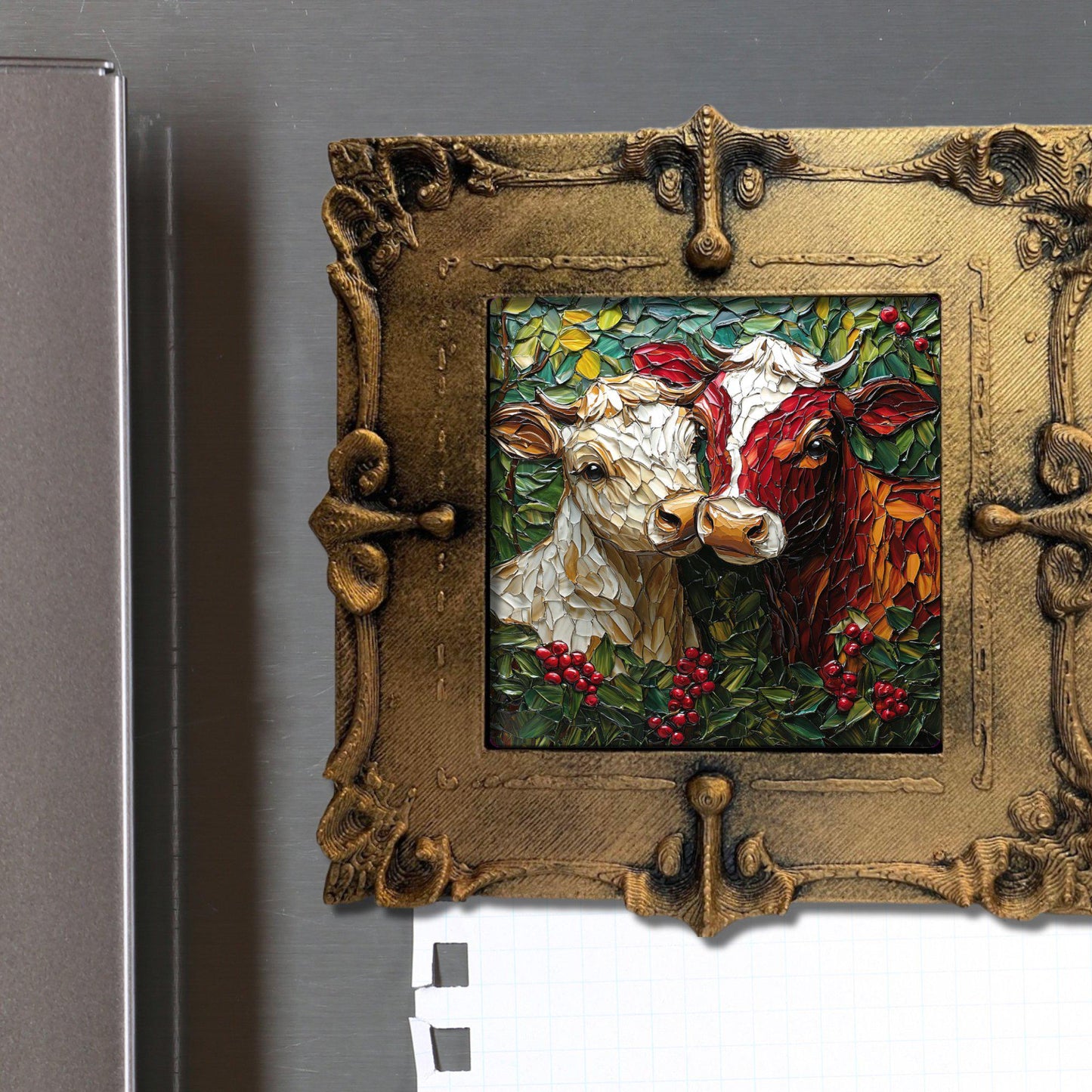 Cows Kissing Under Mistletoe Tiny Art Fridge Magnet Gold Framed Fridgescaping Art Picture Gallery Tiny Art Gift for Her Wife Mom