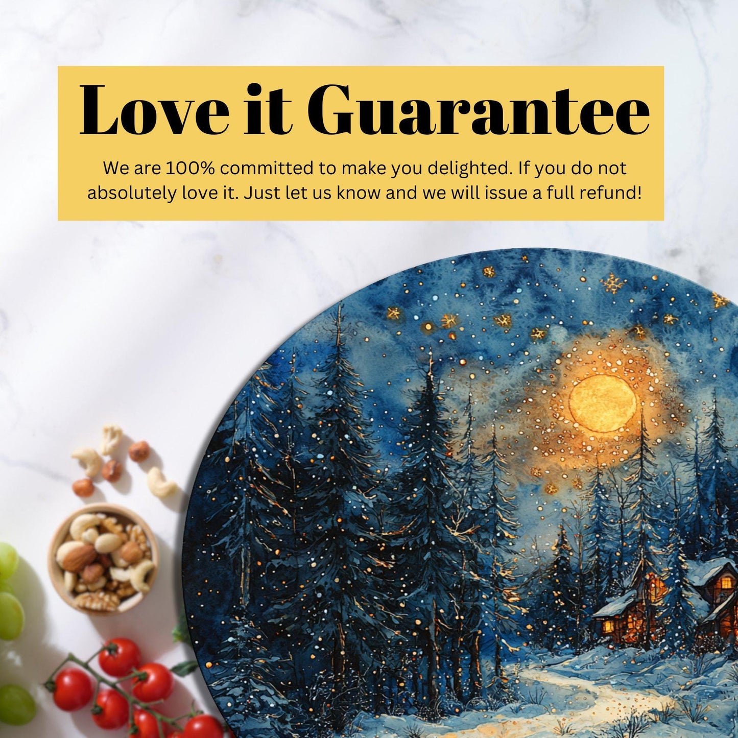 Cozy Christmas Cabin Glass Cutting Board 8-inch Round Trivet Charcuterie Board Gift for Her Mom Kitchen Decor