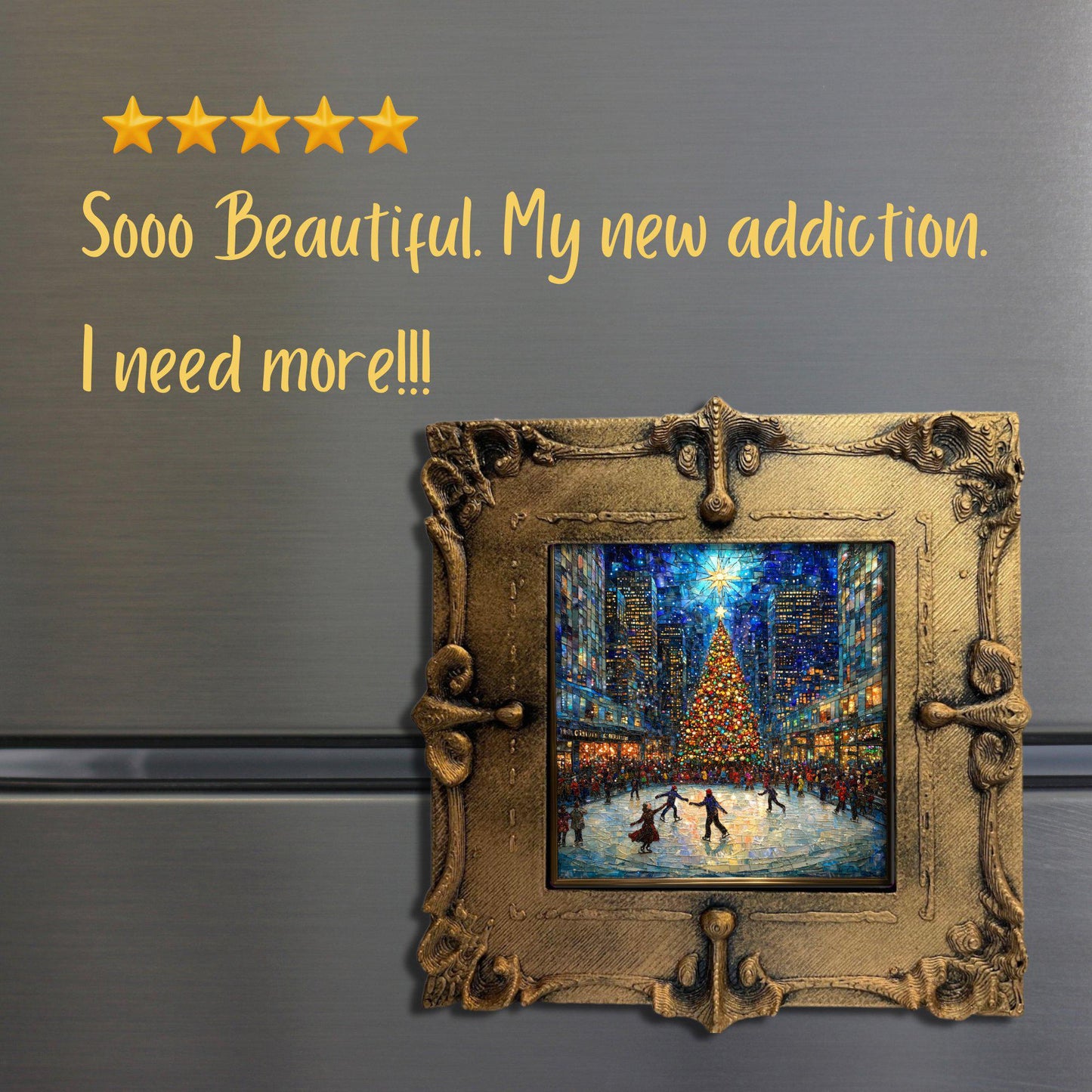 Ice Skating Rockefeller Center Tiny Art Fridge Magnet Gold Framed Fridgescaping Art Picture Gallery Tiny Gift for Her Wife Mom