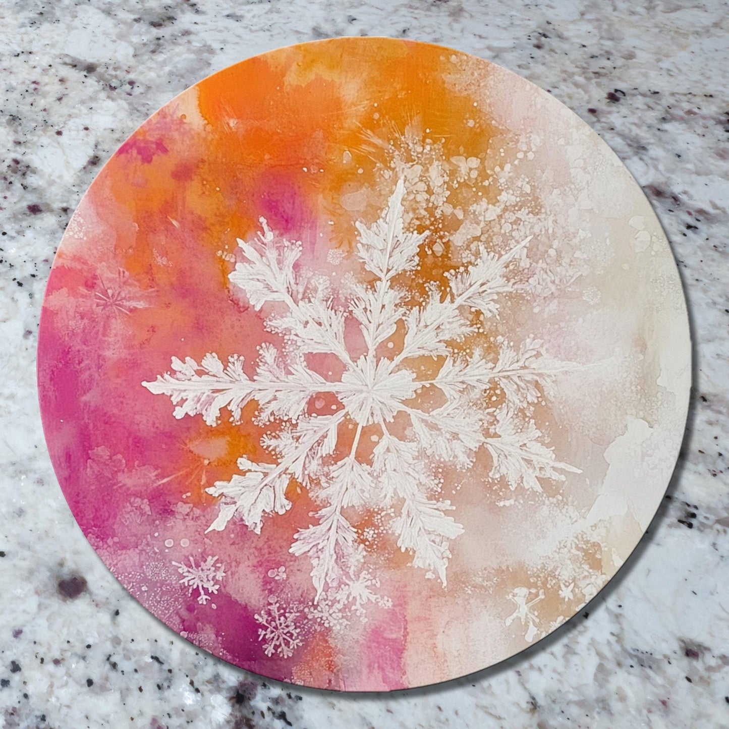 Snowflake on Orange and Pink Glass Cutting Board 8-inch Round Trivet Charcuterie Board Gift for Her Mom Kitchen Decor