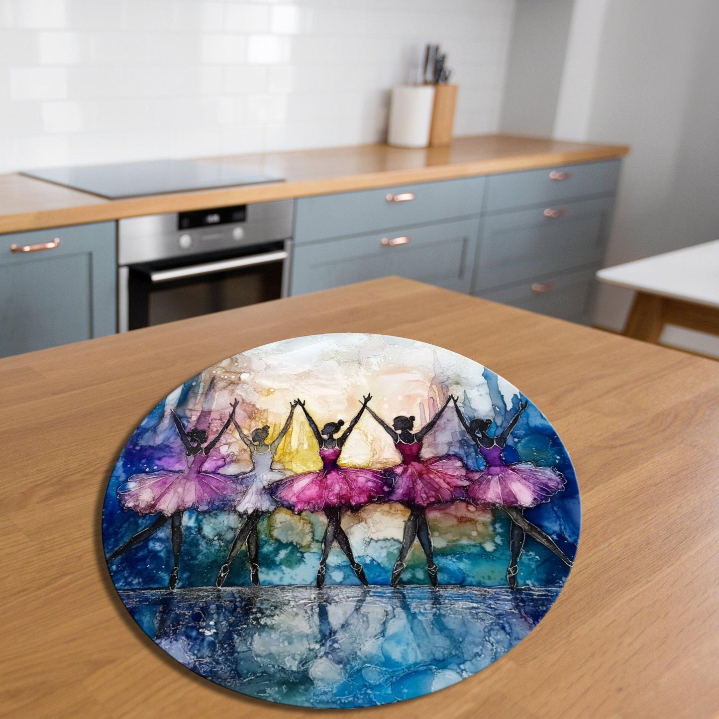 Christmas Ballerinas Glass Cutting Board 8-inch Round Trivet Charcuterie Board Gift for Her Mom Kitchen Decor