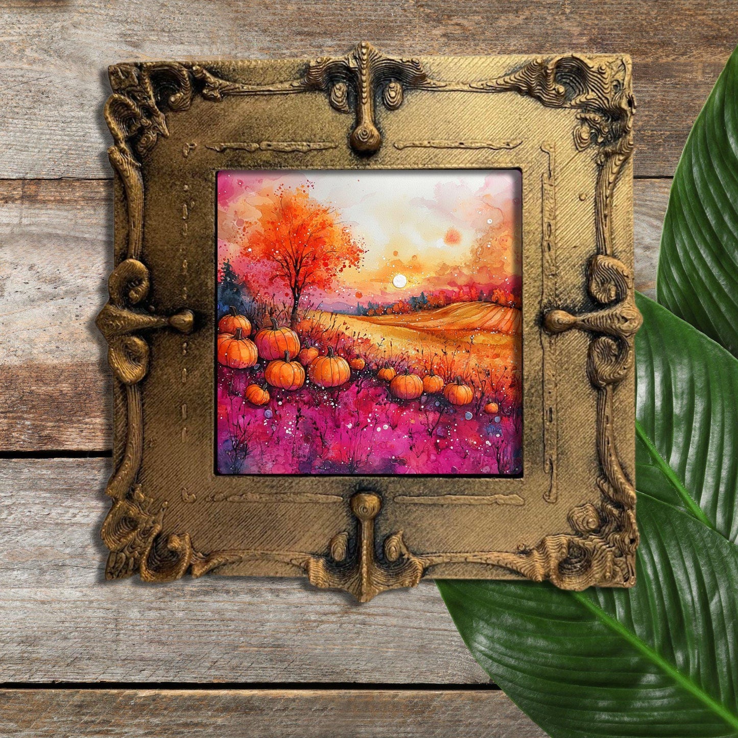 Pumpkins Pink and Orange Gold Framed Refrigerator Magnet, Mini Art, Grand Millennial Style, Artful Kitchen Decor, Gift for Her fridgescaping