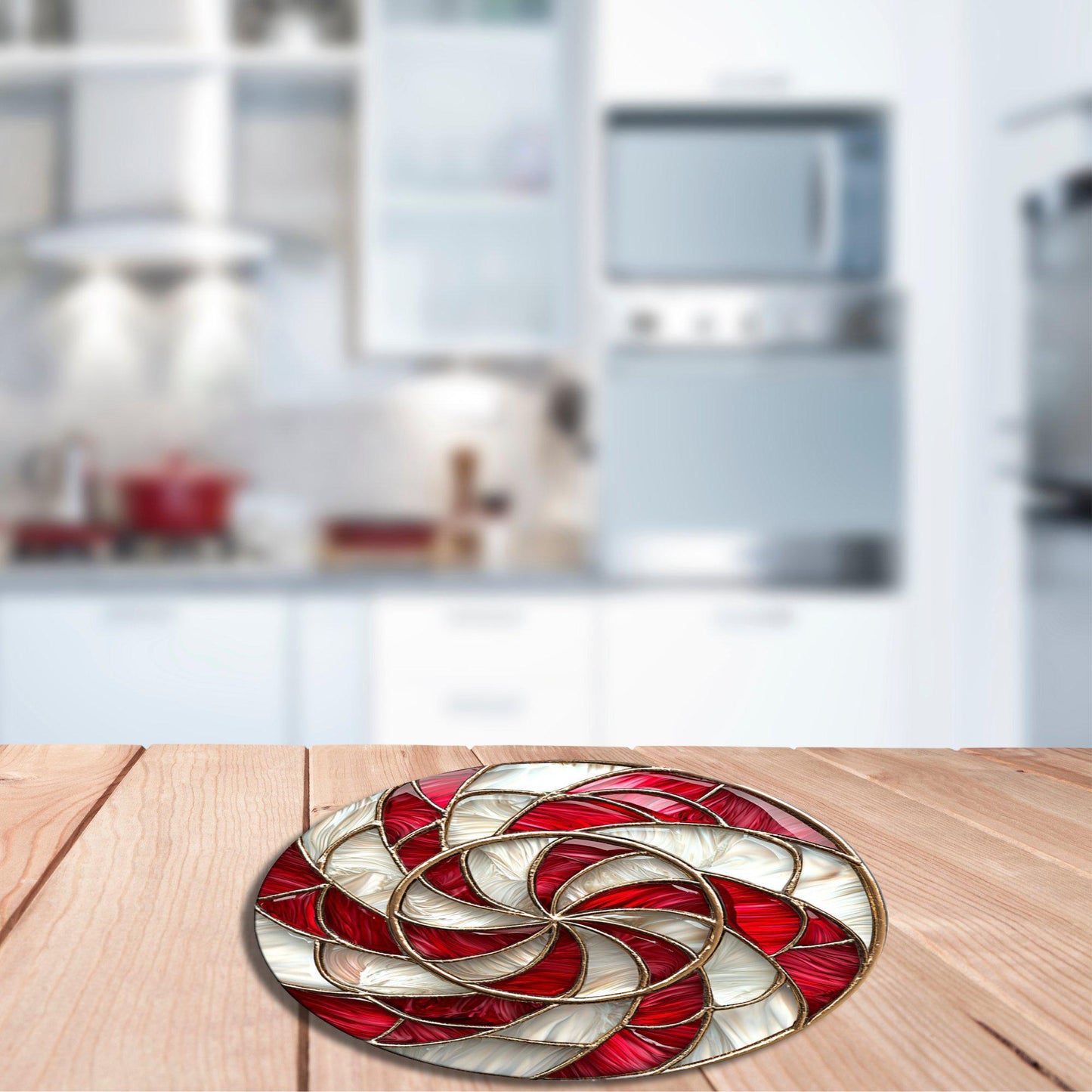 Candy Cane Swirl Glass Cutting Board 8-inch Round Trivet Charcuterie Board Gift for Her Mom Kitchen Decor