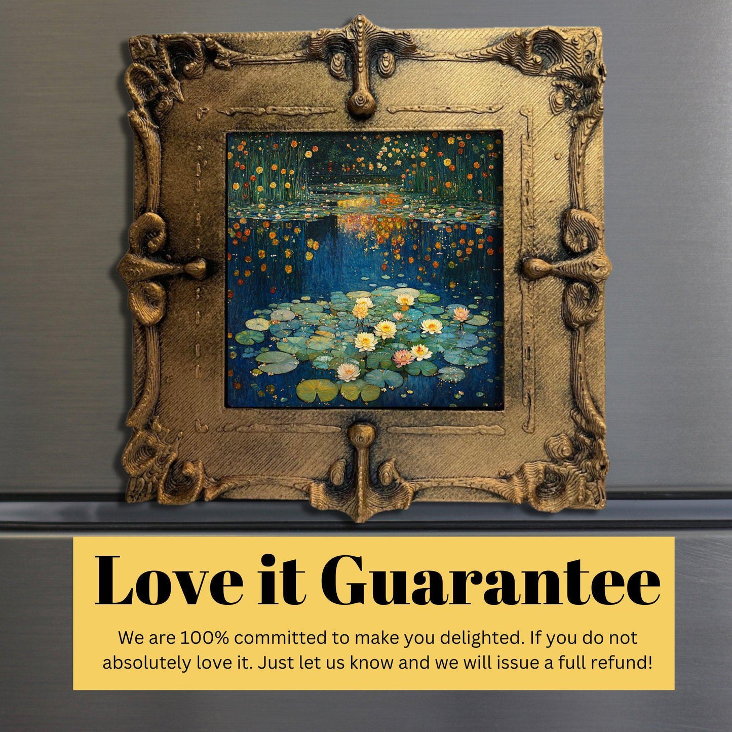 Water Lilies Gold Framed Refrigerator Magnet, Mini Art, Grand Millennial Style, Artful Kitchen Decor, Gift for Her fridgescaping