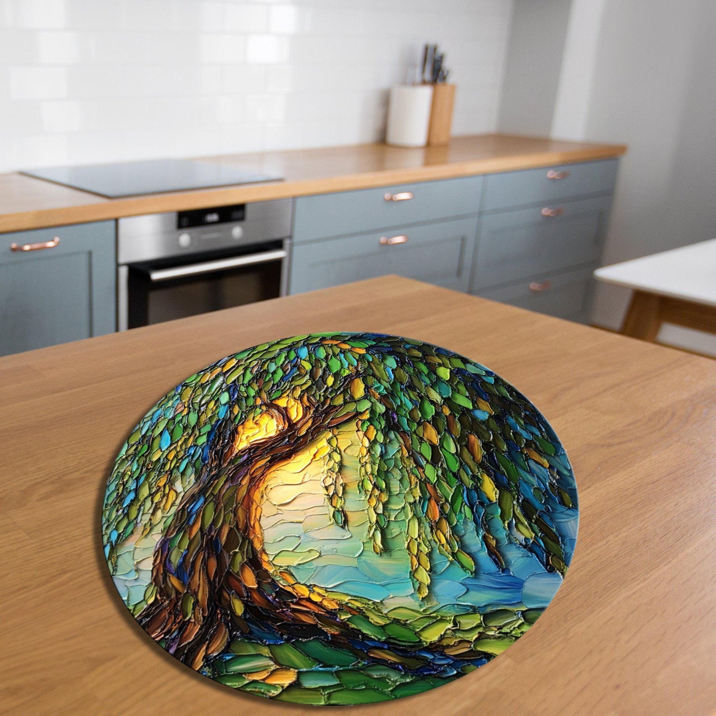 Weeping Willow Glass Cutting Board 8-inch Round Trivet Charcuterie Board Gift for Her Mom Kitchen Decor