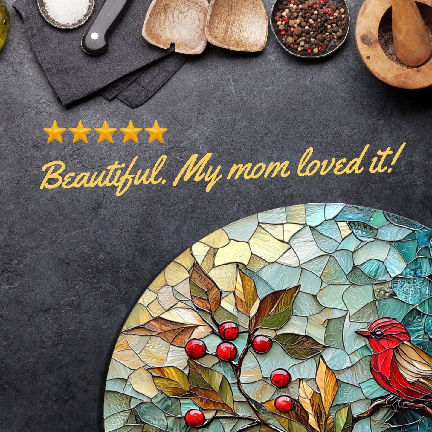 Red Bird Winter Glass Cutting Board 8-inch Round Trivet Charcuterie Board Gift for Her Mom Kitchen Decor