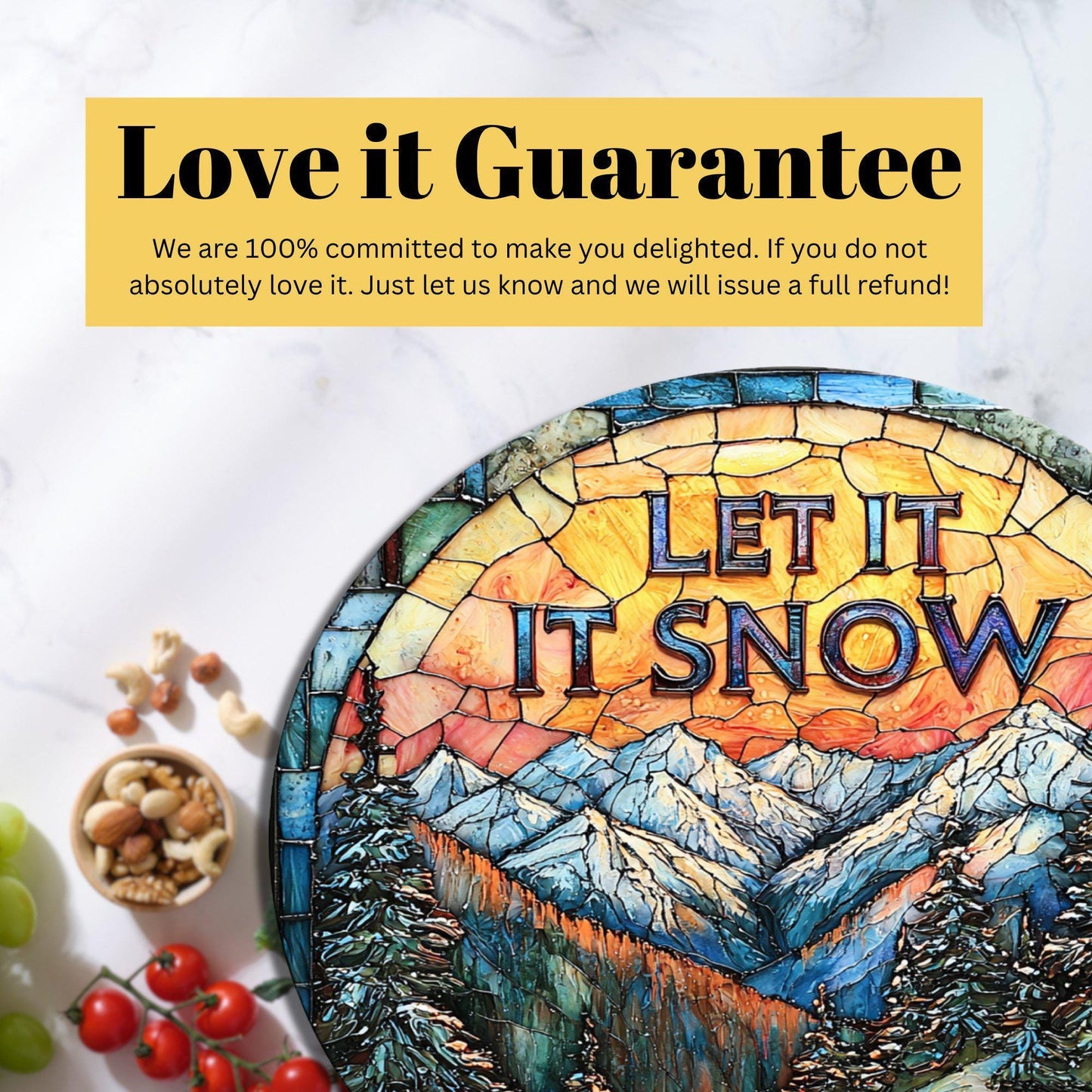 Let It Snow Glass Cutting Board 8-inch Round Trivet Charcuterie Board Gift for Her Mom Kitchen Decor