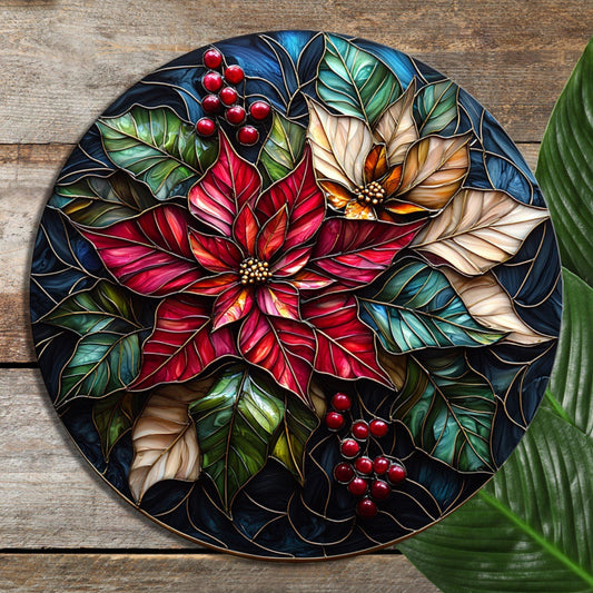 Poinsettias Glass Cutting Board 8-inch Round Trivet Charcuterie Board Gift for Her Mom Kitchen Decor