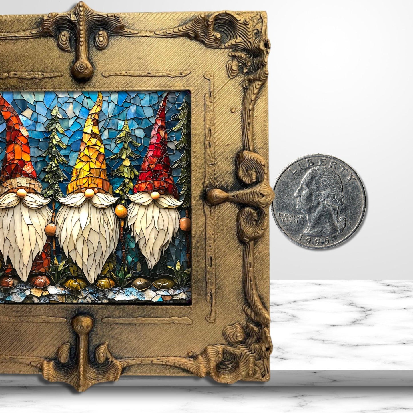 Row of Christmas Gnomes Tiny Art Fridge Magnet Gold Framed Fridgescaping Art Picture Gallery Tiny Art Gift for Her Wife Mom