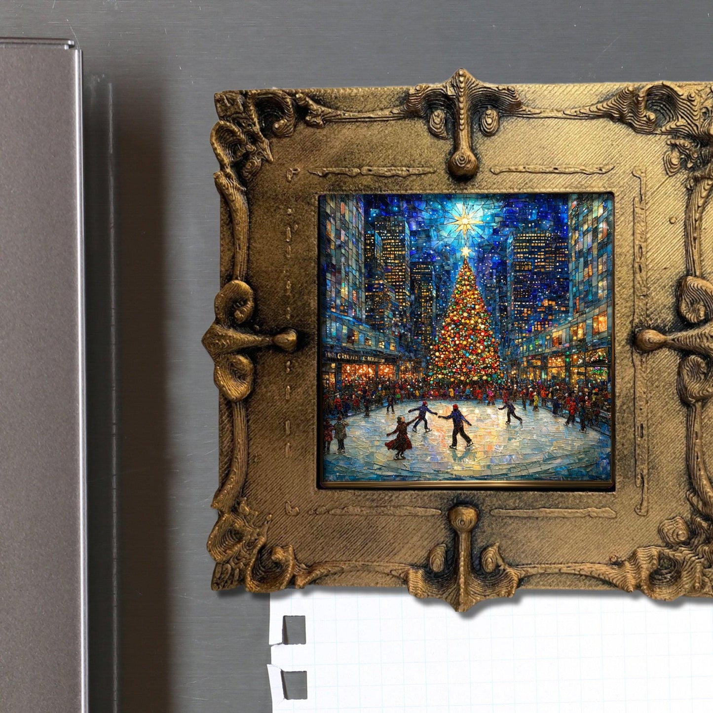Ice Skating Rockefeller Center Tiny Art Fridge Magnet Gold Framed Fridgescaping Art Picture Gallery Tiny Gift for Her Wife Mom