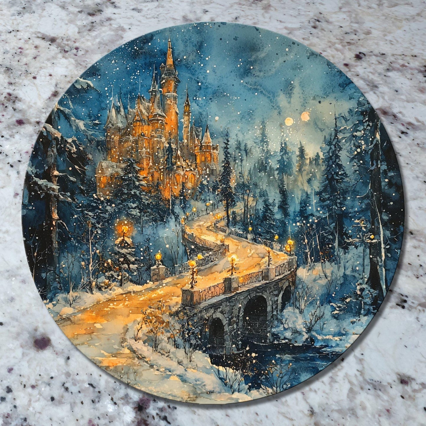 Christmas Winter Castle Glass Cutting Board 8-inch Round Trivet Charcuterie Board Gift for Her Mom Kitchen Decor