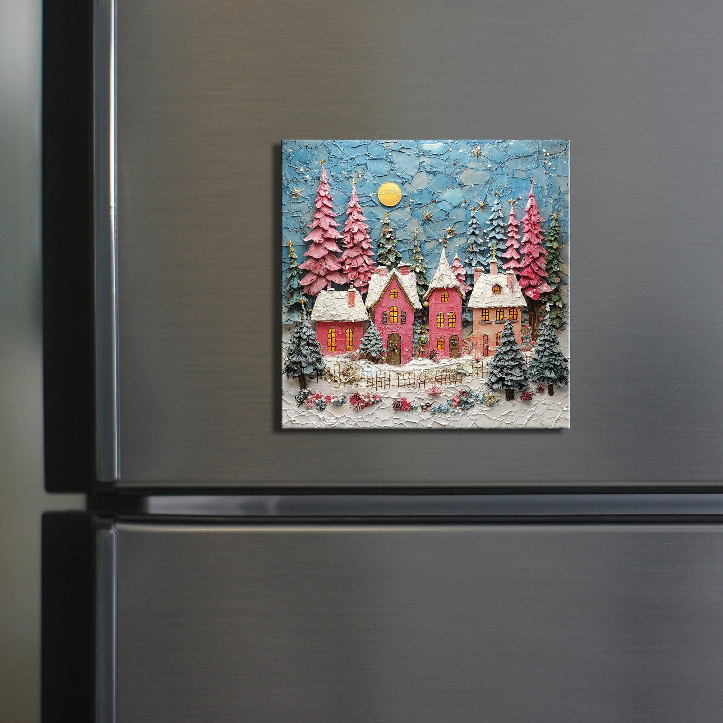 Pink Christmas Village Fridge Magnet 2-inch Strong Refrigerator Magnet Kitchen Decor Dopamine Ceramic Tile Art Gift for Her fridgescaping