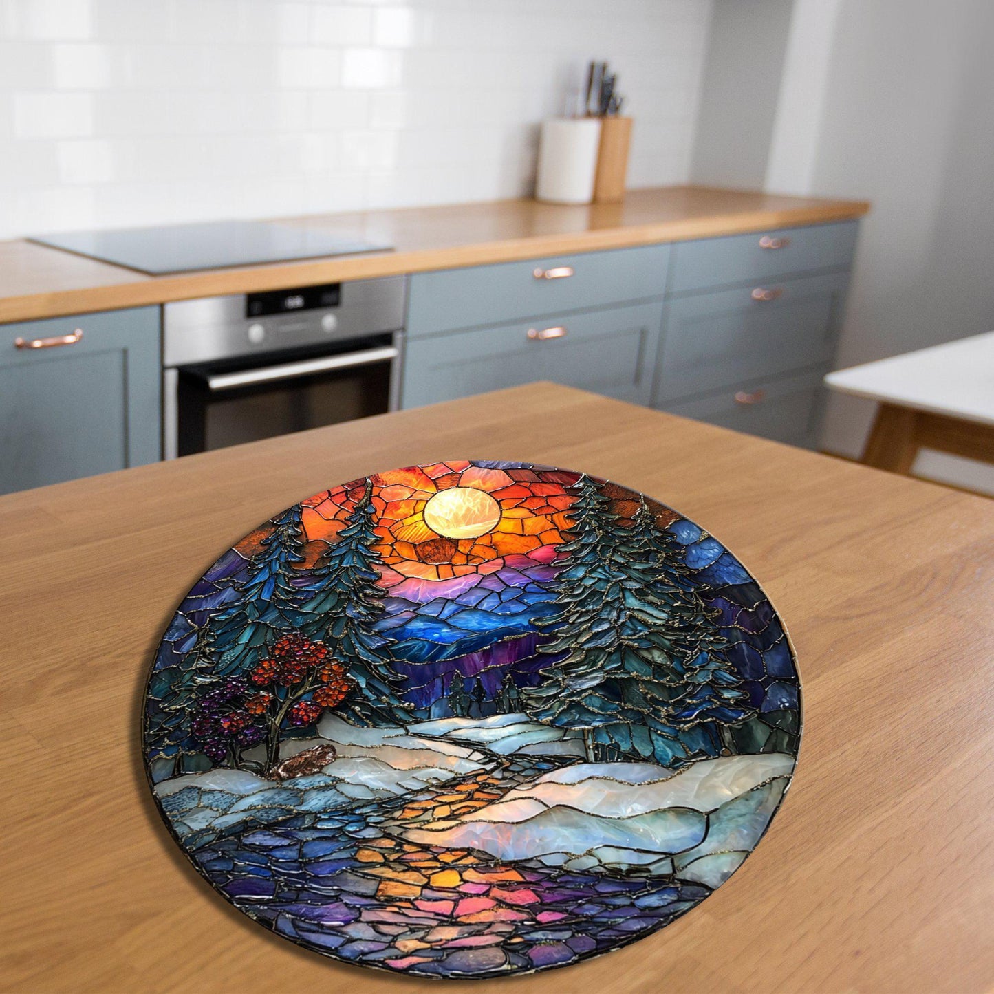 Winter Stream and Woods Glass Cutting Board 8-inch Round Trivet Charcuterie Board Gift for Her Mom Kitchen Decor