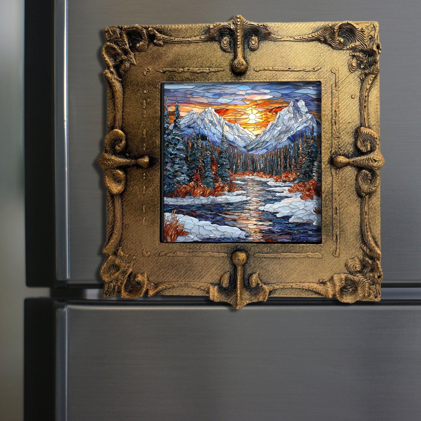 Rocky Mountain Winter Tiny Art Fridge Magnet Gold Framed Fridgescaping Art Picture Gallery Tiny Art Gift for Her Wife Mom