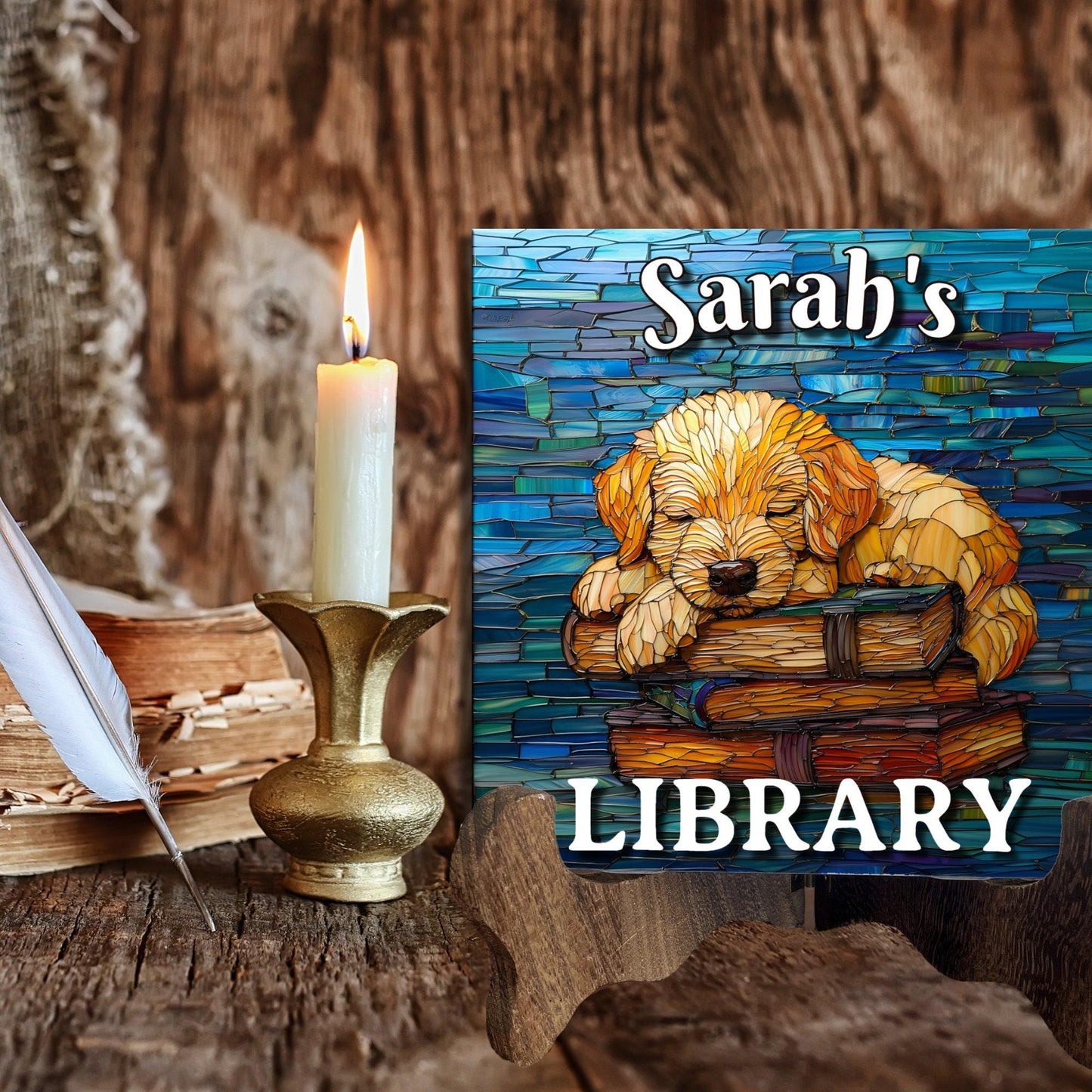 Puppy Sleeping Personalized Library Sign Book Lover Bookworm Biblio Gift Book Nook Shelf Decor Booktoker-Gift for Bookish