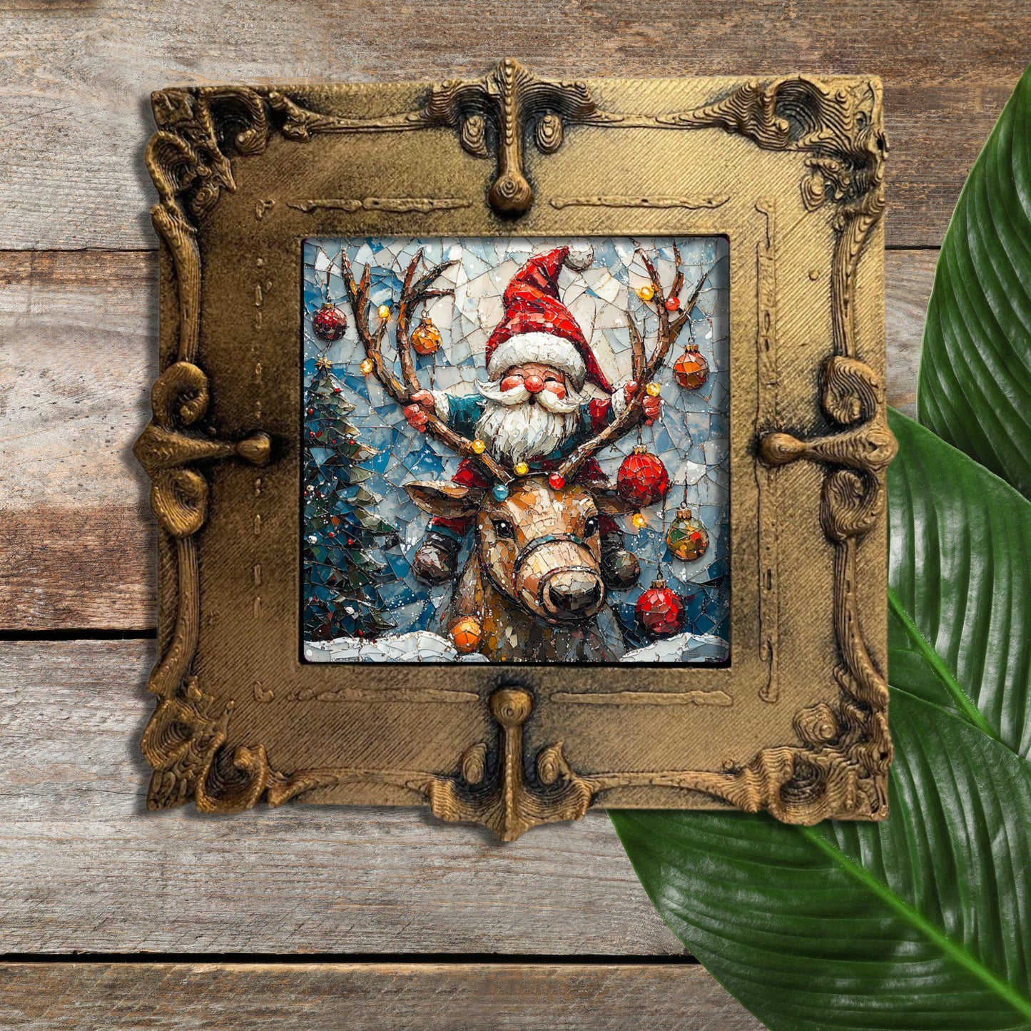 Christmas Gnome on Reindeer Tiny Art Fridge Magnet Gold Framed Fridgescaping Art Picture Gallery Tiny Art Gift for Her Wife Mom