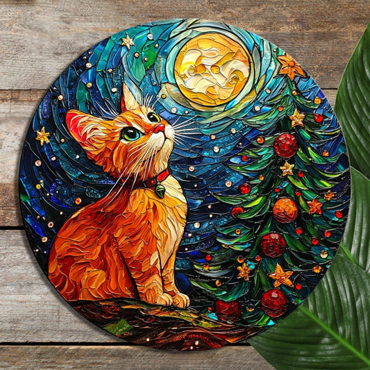 Kitten and Christmas Tree Glass Cutting Board 8-inch Round Trivet Charcuterie Board Gift for Her Mom Kitchen Decor