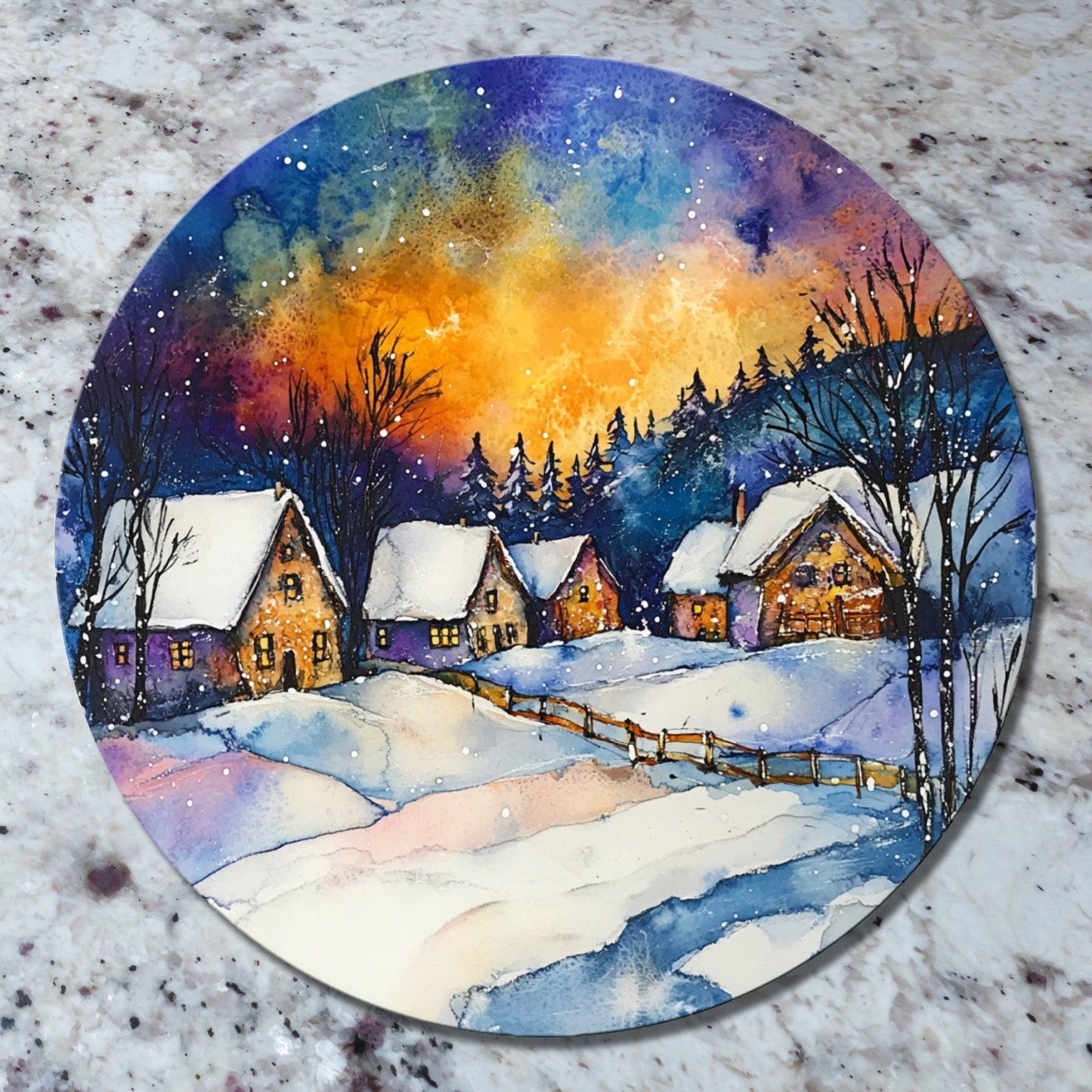 Northern Lights Christmas Glass Cutting Board 8-inch Round Trivet Charcuterie Board Gift for Her Mom Kitchen Decor