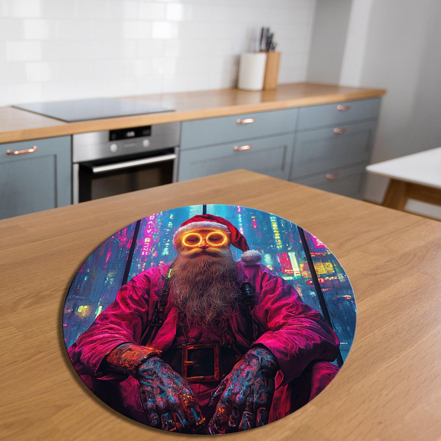 Cyberpunk Santa Glass Cutting Board 8-inch Round Trivet Charcuterie Board Gift for Her Mom Kitchen Decor