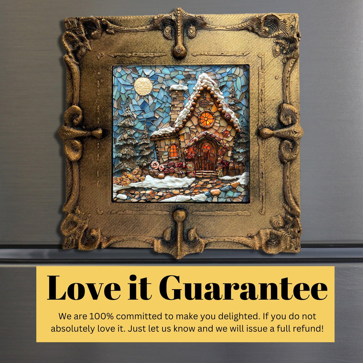 Gingerbread Stained Glass Tiny Art Fridge Magnet Gold Framed Fridgescaping Art Picture Gallery Tiny Art Gift for Her Wife Mom