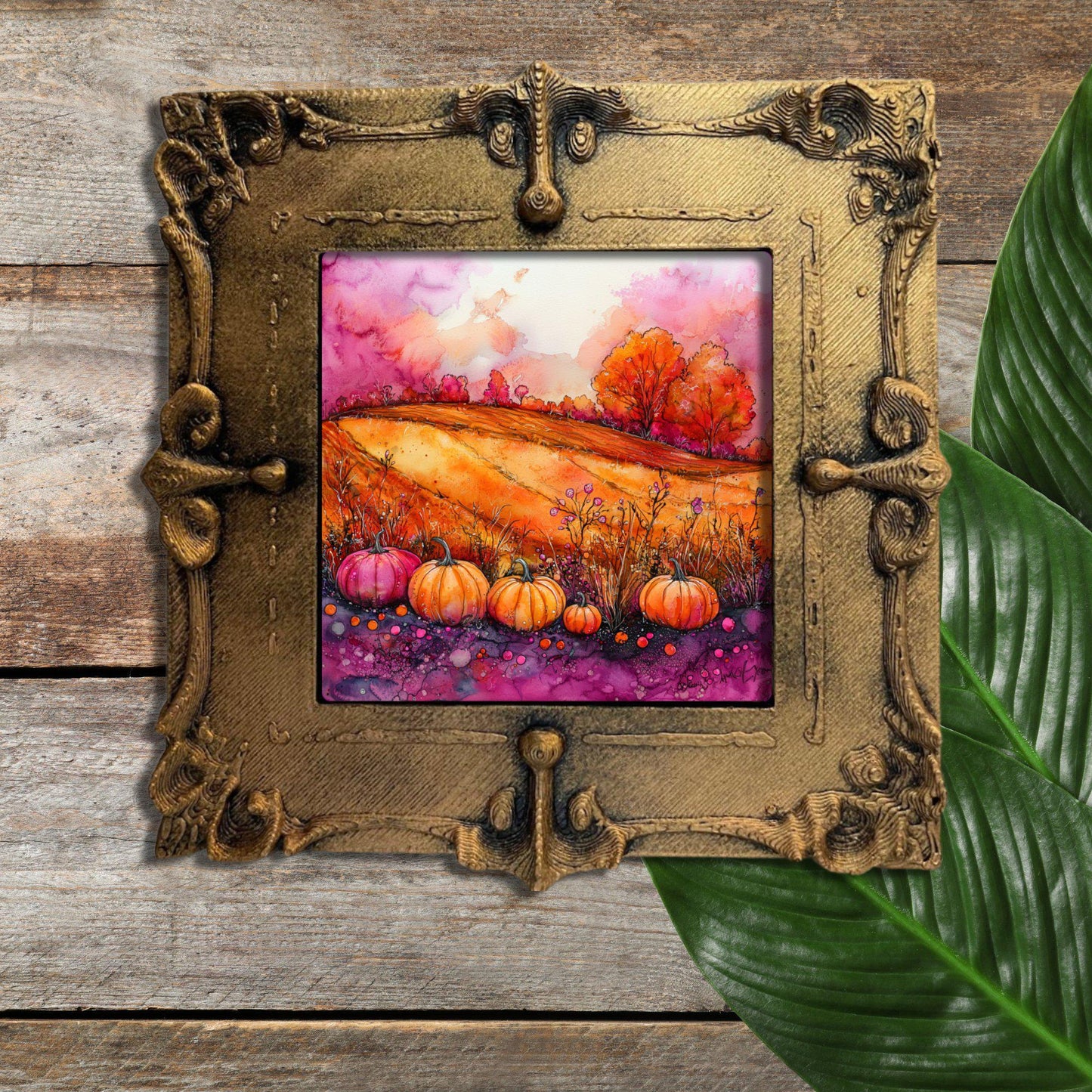 Pumpkins Pink and Orange Gold Framed Refrigerator Magnet, Mini Art, Grand Millennial Style, Artful Kitchen Decor, Gift for Her fridgescaping