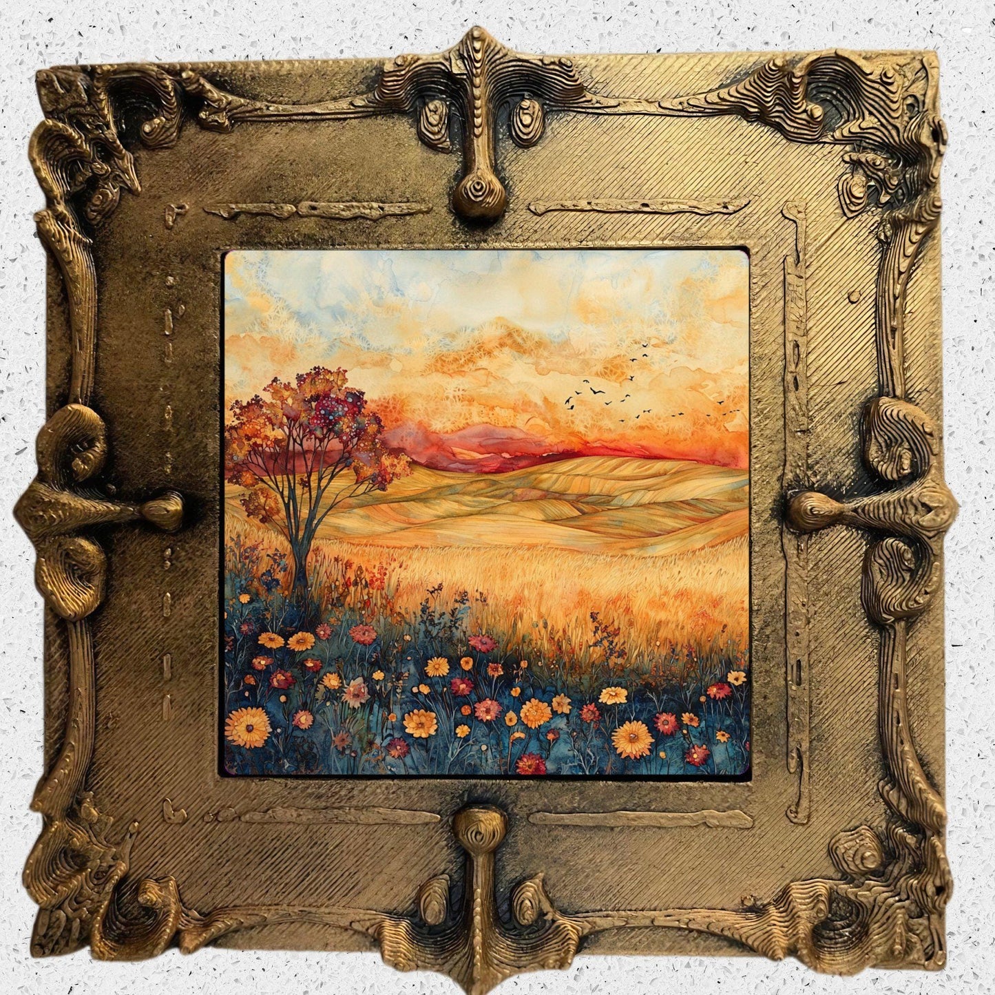 Autumn Wildflower Prairie Gold Framed Refrigerator Magnet, Mini Art, Grand Millennial Style, Artful Kitchen Decor, Gift for Her