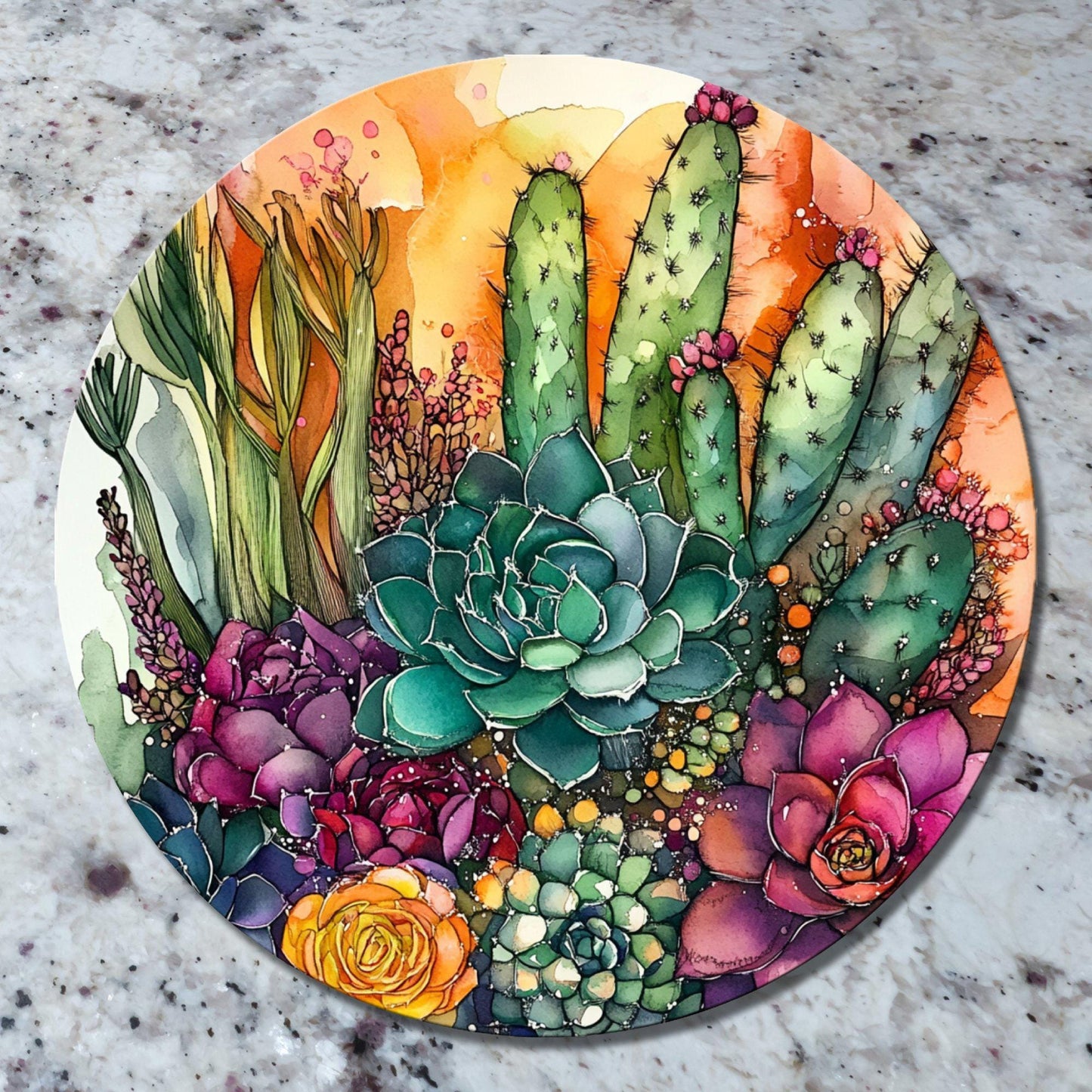 Succulents and Cacti Glass Cutting Board 8-inch Round Trivet Charcuterie Board Gift for Her Mom Kitchen Decor