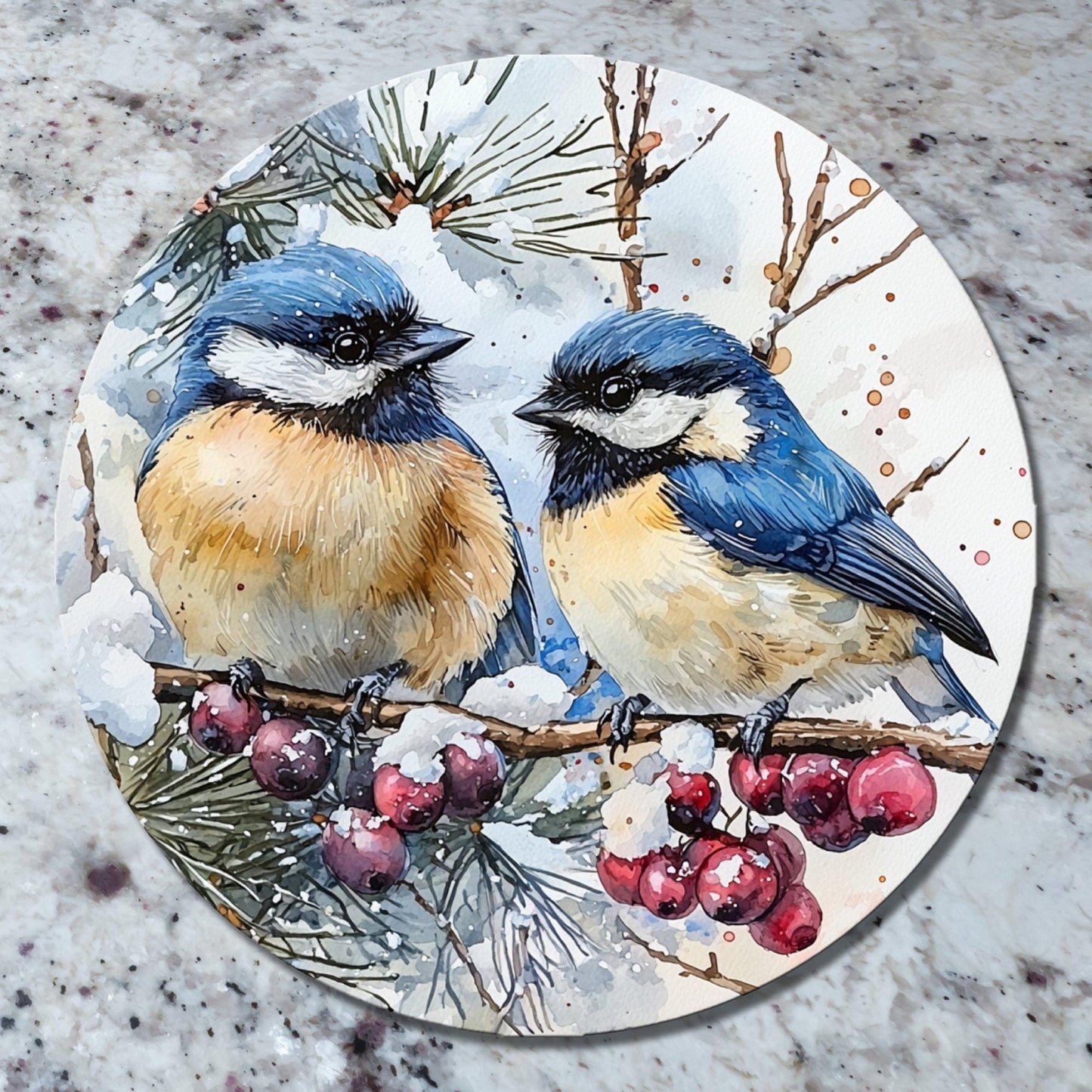 Bluebirds in Winter Glass Cutting Board 8-inch Round Trivet Charcuterie Board Gift for Her Mom Kitchen Decor