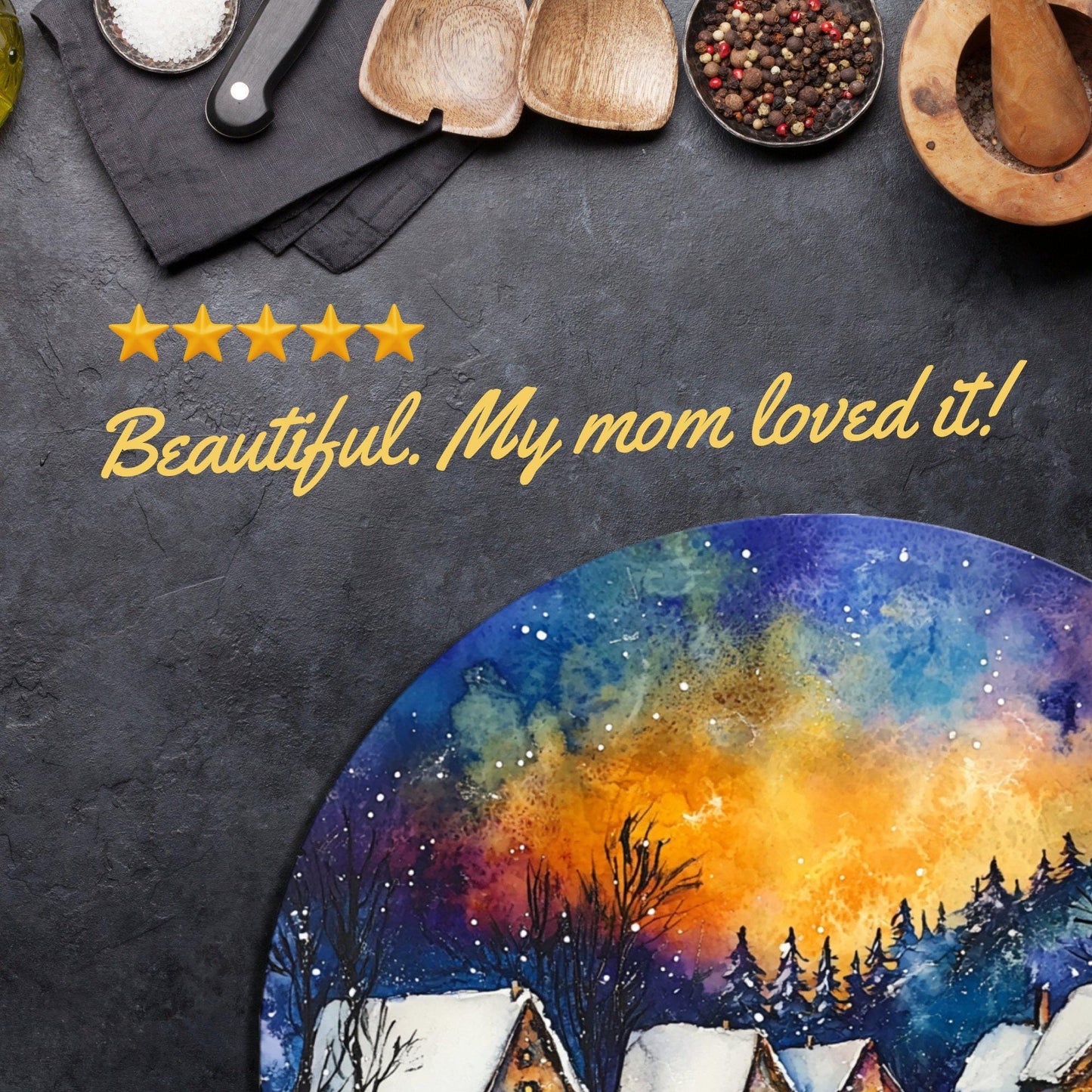 Northern Lights Christmas Glass Cutting Board 8-inch Round Trivet Charcuterie Board Gift for Her Mom Kitchen Decor