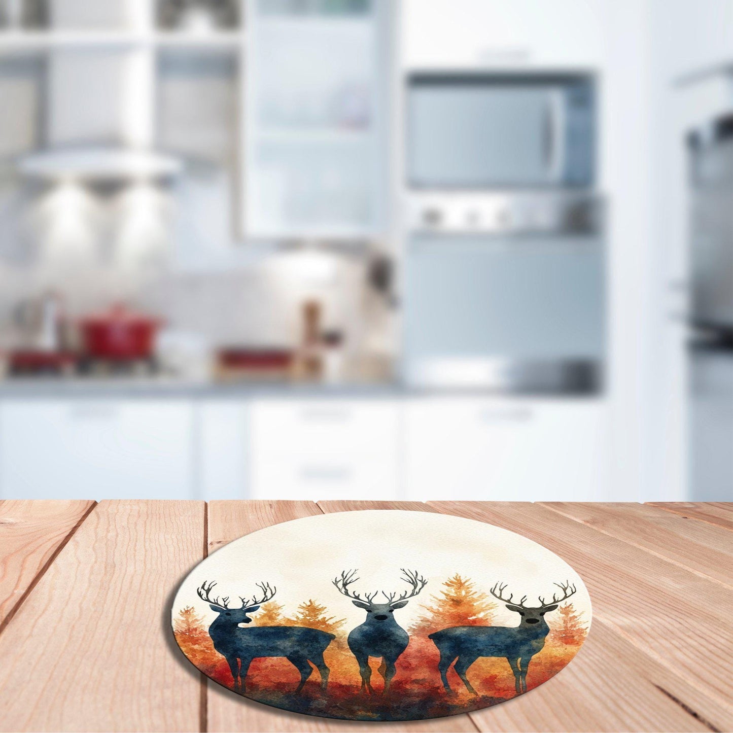 Nordic Deer in Blue and Orange Glass Cutting Board 8-inch Round Trivet Charcuterie Board Gift for Her Mom Kitchen Decor