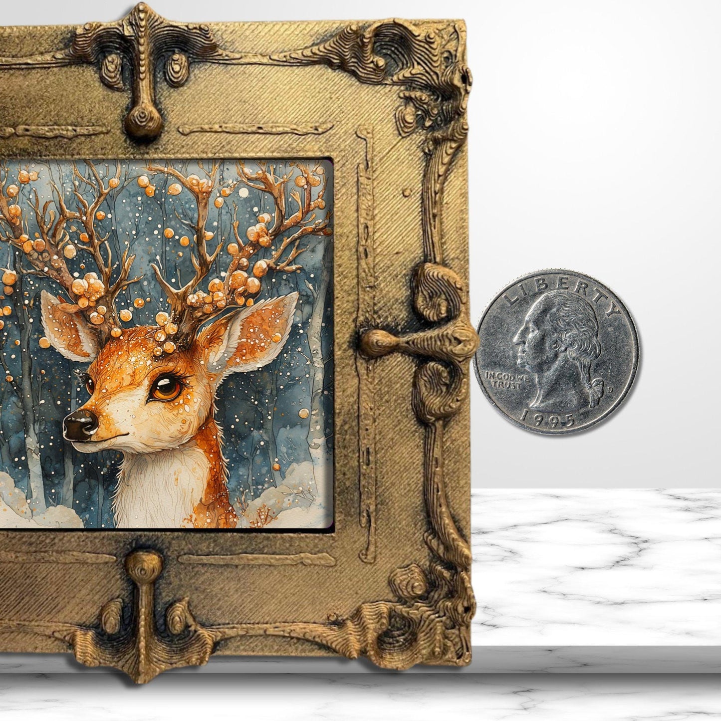 Reindeer Christmas Tiny Art Fridge Magnet Gold Framed Fridgescaping Art Picture Gallery Tiny Art Gift for Her Wife Mom