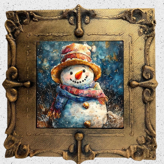 Vintage Snowman Tiny Art Fridge Magnet Gold Framed Fridgescaping Art Picture Gallery Tiny Art Gift for Her Wife Mom